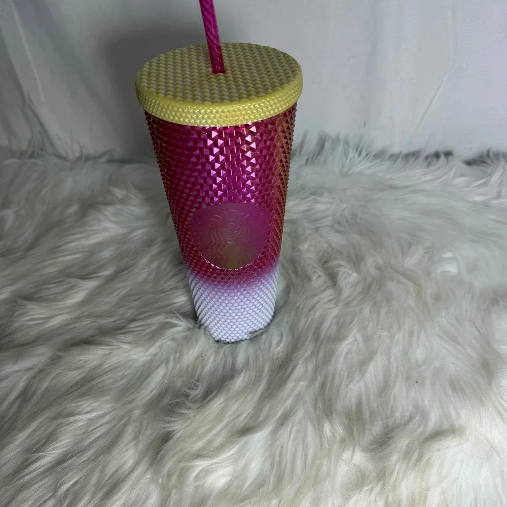Starbucks 2024‎ Pink Ombre Studded Venti Tumbler 24oz Cold Cup Grid Iridescent